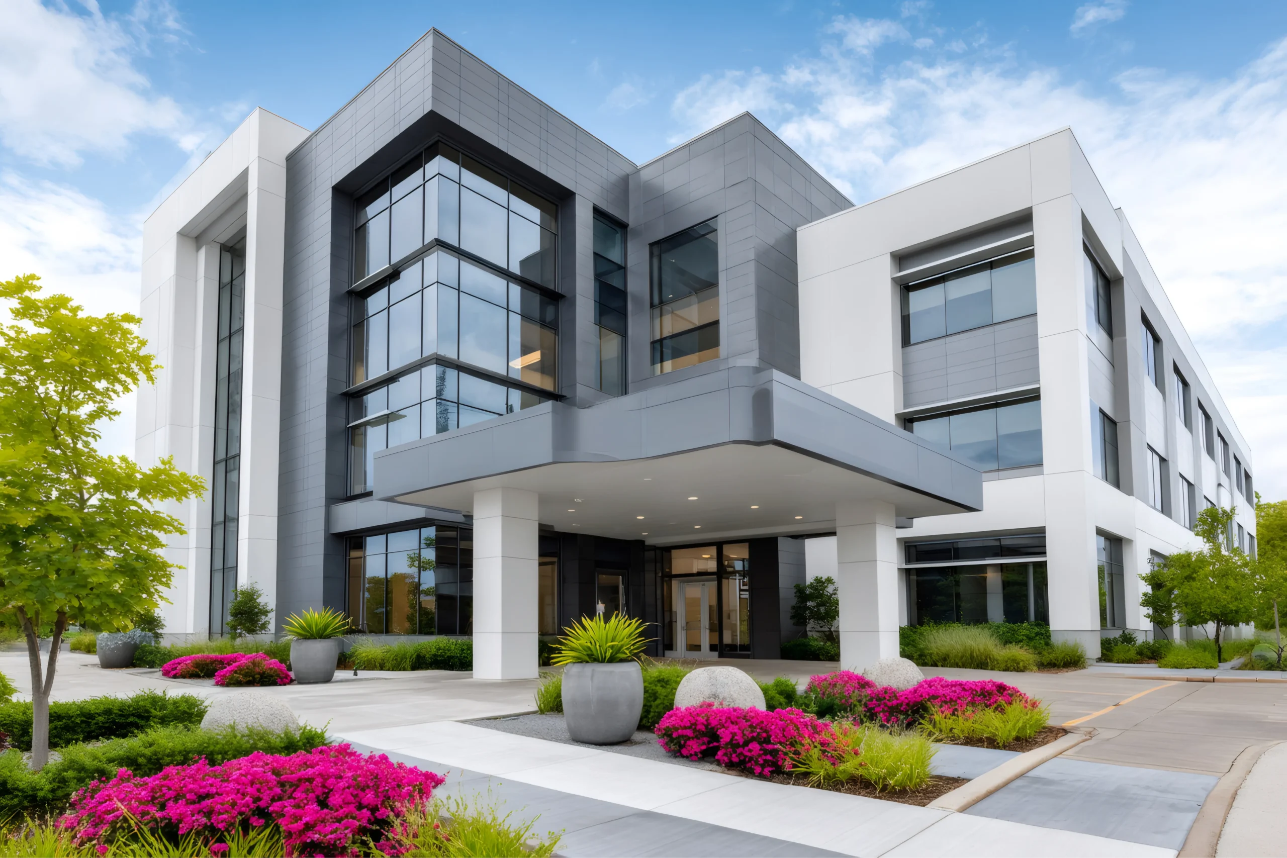 modern office building featuring glass architecture and landscaping photo 1